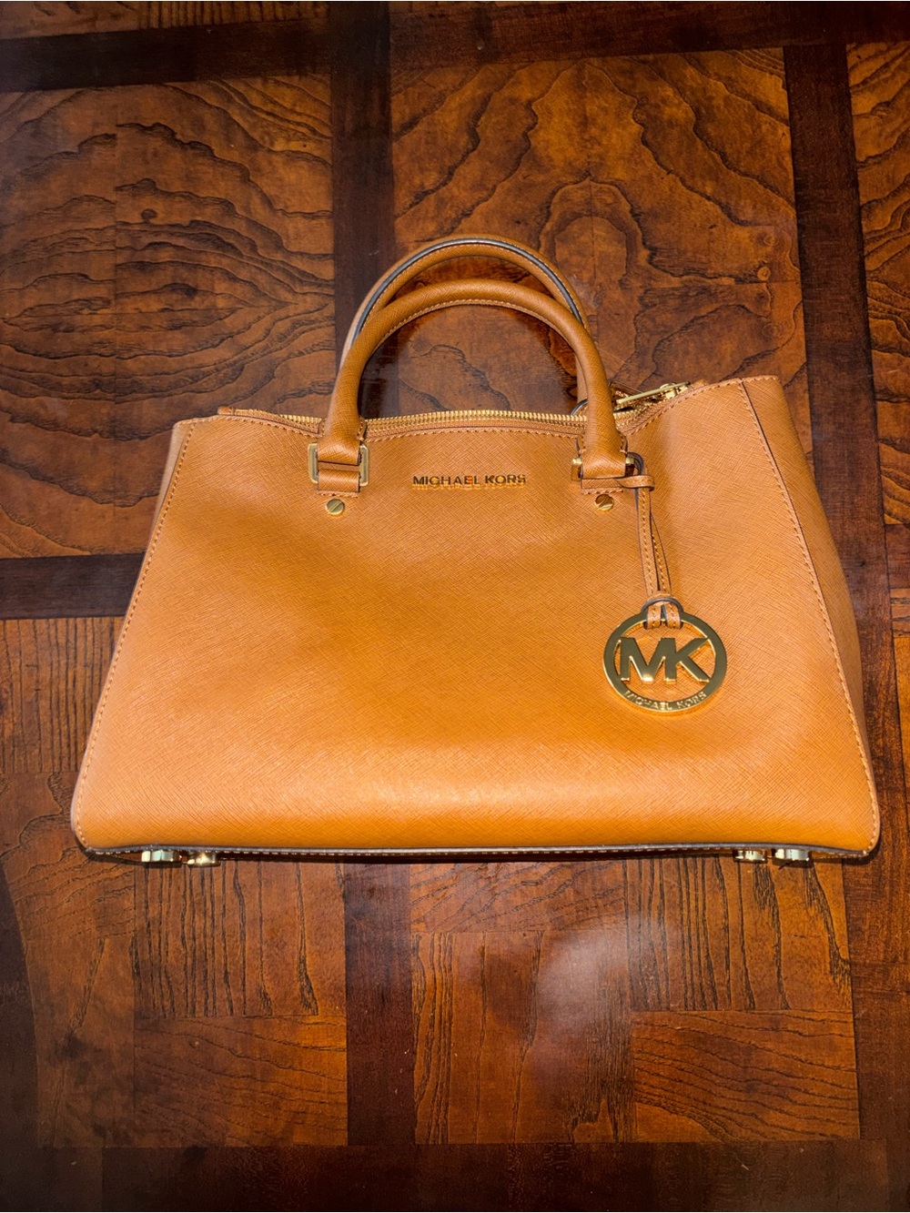 Michael Kors Cognac Leather Satchel with MK Charm